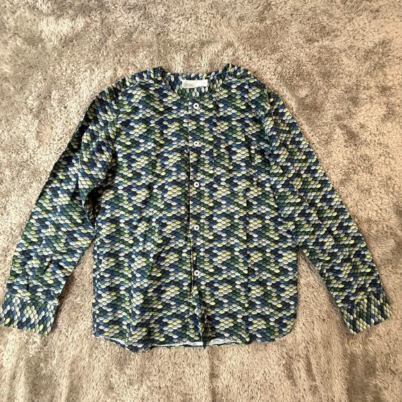 Boys Mandarin Collar Button Down Top Shirt Blue Size 7 Long Sleeve Minimalist - Picture 1 of 7